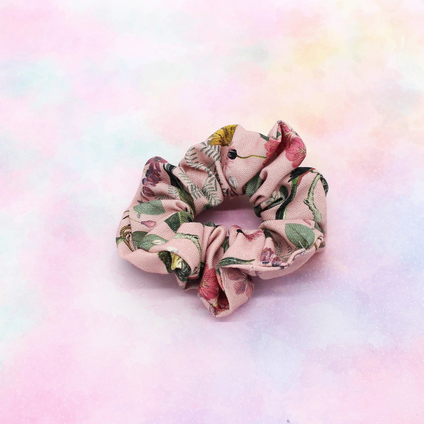 Scrunchie Baumwolle rosa Vögel und Blumen